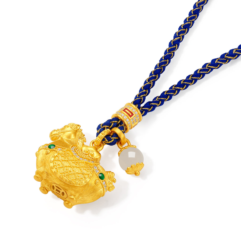 "Chinese Culture Collection - Dan Qing" 24K Gold Pendant Braided Rope Diamond 0.0024ct Hetian Jade 5.8-6.3mm    Horse 15.5-18g W0436250