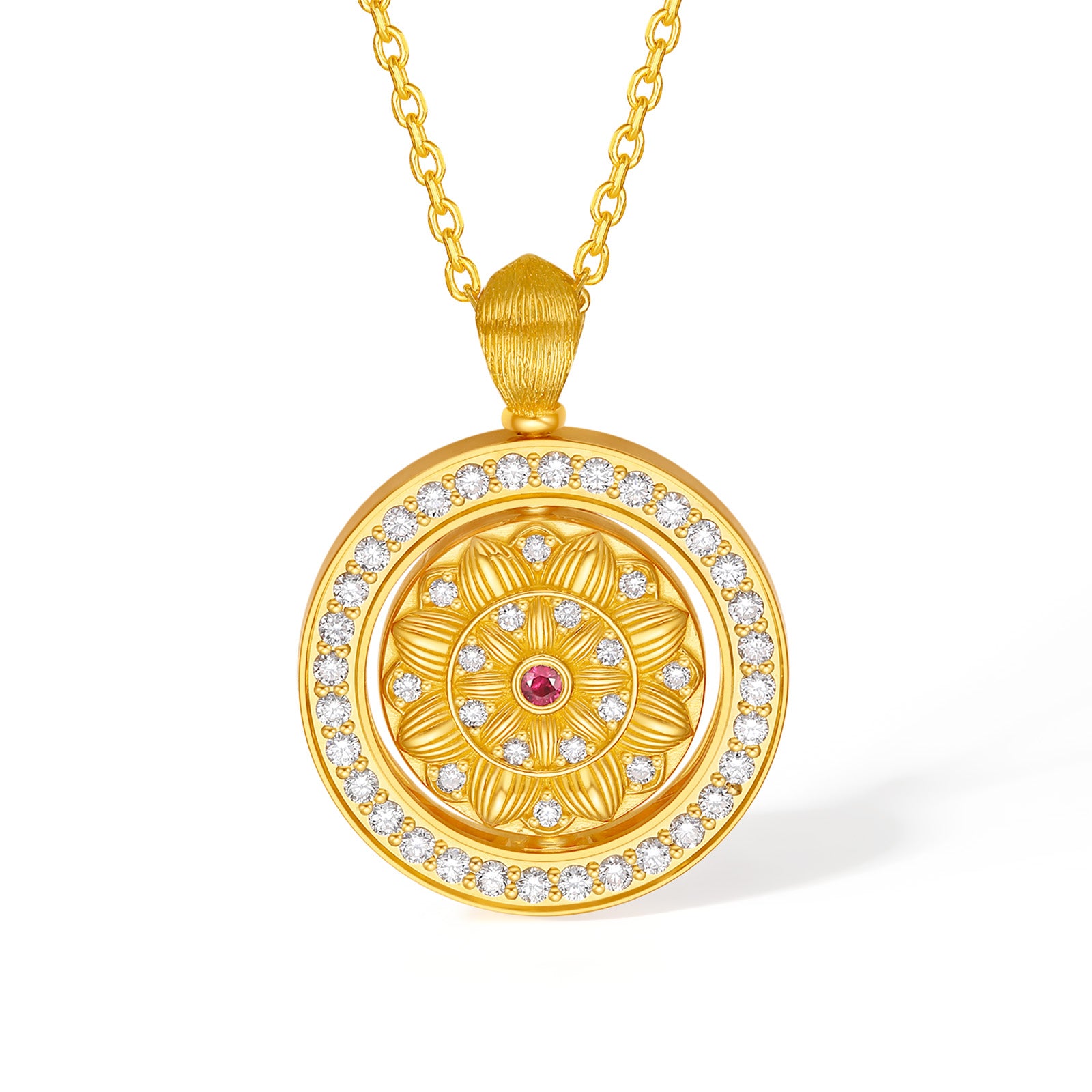 "Jiuhua Mountain" 24K Gold Cross Chain Necklace Diamond Ruby Rotatable Floral Round Pendant Chain Size 40+5cm W0637736