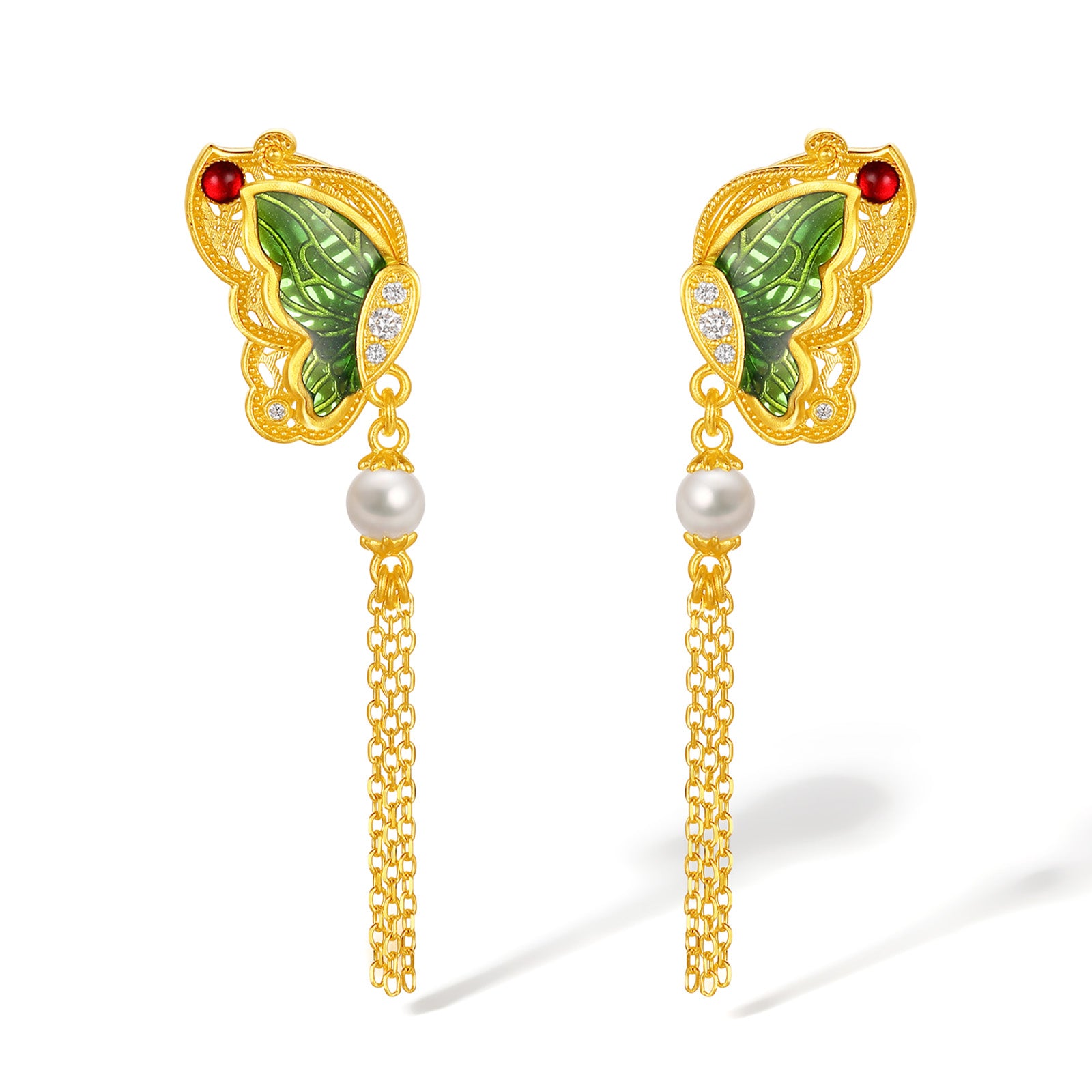 "Chinese Culture Collection - Dan Qing" 24K Gold Earrings Diamond 0.0097ct Pearl 4-4.5mm Butterfly 6.5-8.5g W0947487