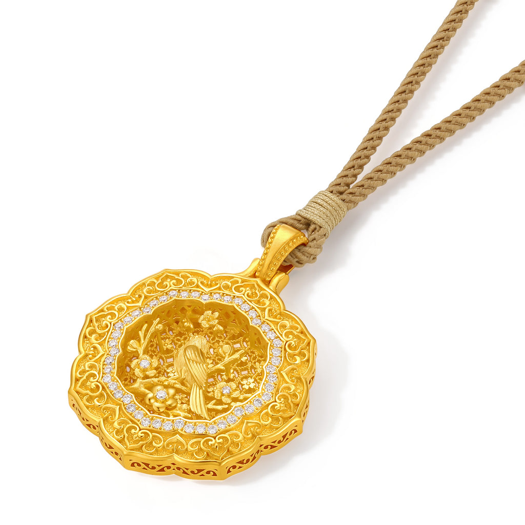 "Chinese Culture Collection - Wood Carving"  24K Gold Pendant  Diamond 0.006ct  0.005ct Flower 12-14g W0448115