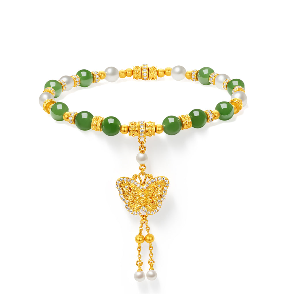 "Chinese Culture Collection - Dan Qing" 24K Gold Beaded Bracelet Hetian Jade 5.8-6.3mm Diamond 0.0053ct Pearl 2.8-3.3mm Butterfly 12-15g Y1940434