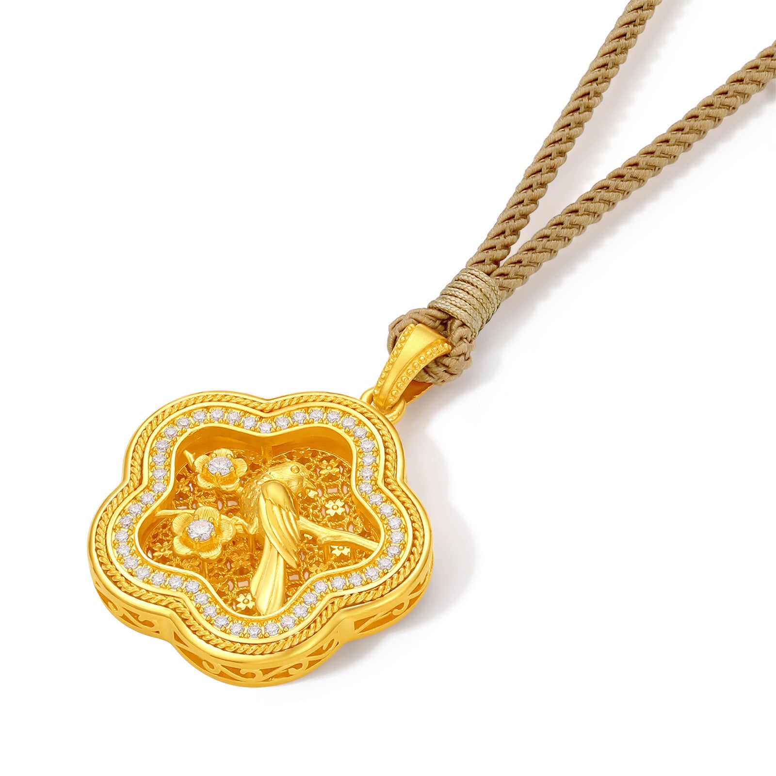 "Chinese Culture Collection - Wood Carving"  24K Gold Pendant  Diamond 0.024ct  0.02ct Flower 10.74-13.14g W0448140