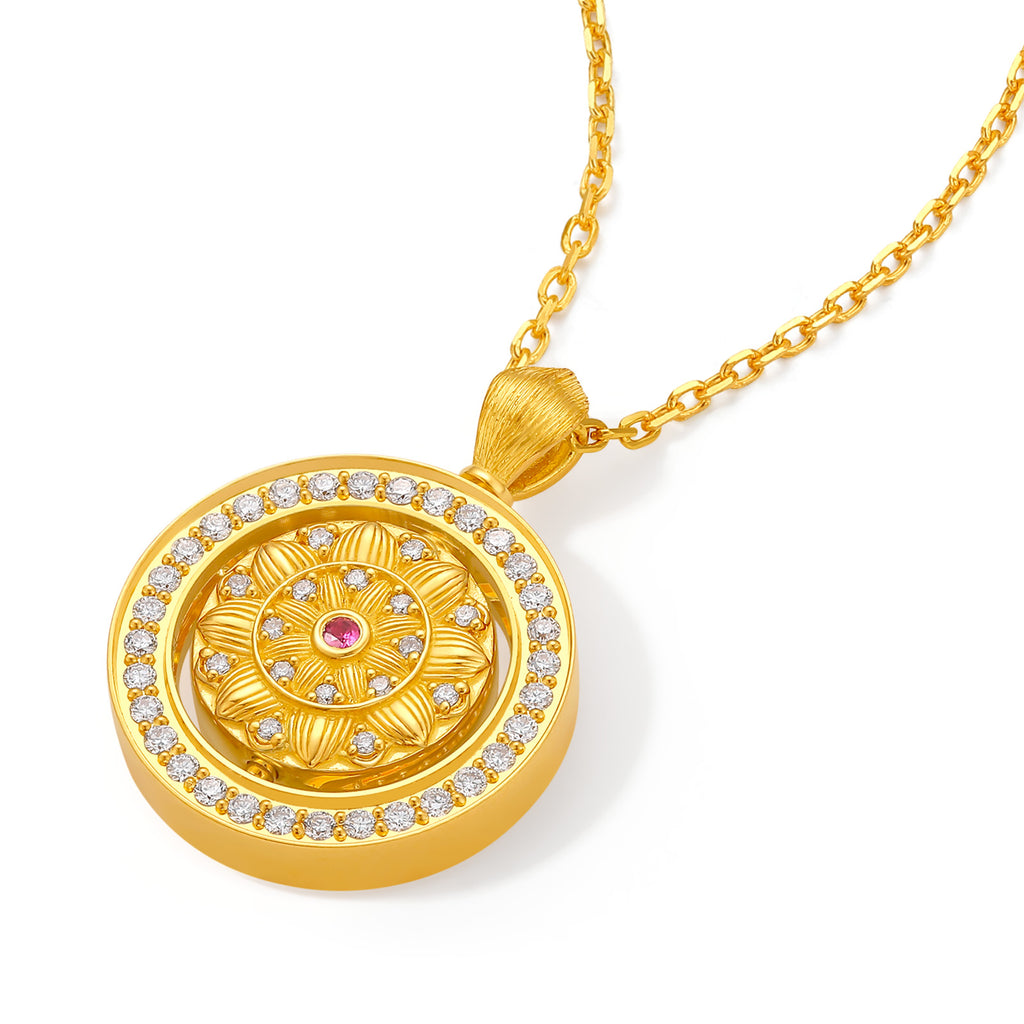 "Jiuhua Mountain" 24K Gold Cross Chain Necklace Diamond Ruby Rotatable Floral Round Pendant Chain Size 40+5cm W0640430