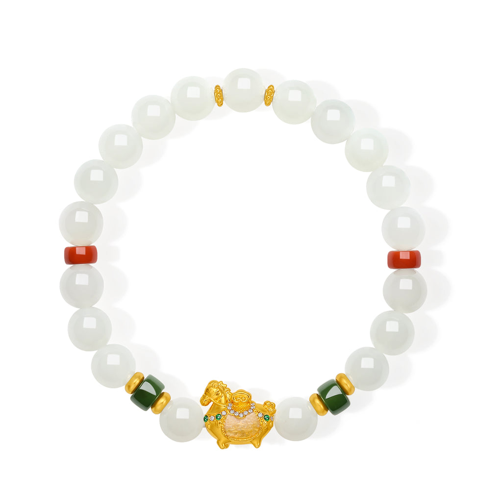 "Chinese Culture Collection - Dan Qing" 24K Gold Beaded Bracelet Hetian Jade 7.8-8.3mm Diamond 0.0026ct 5.8-6.3*2.8-3.3mm Horse 1.1-1.6g Y1937270