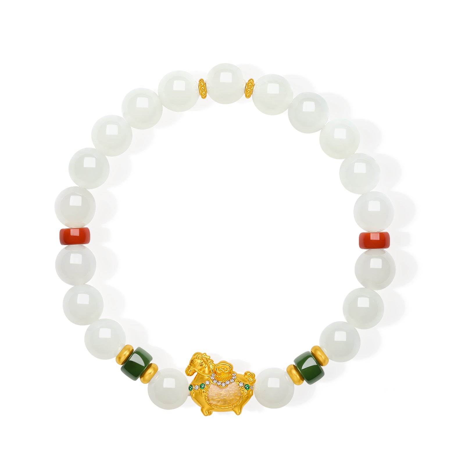 "Chinese Culture Collection - Dan Qing" 24K Gold Beaded Bracelet Hetian Jade 7.8-8.3mm Diamond 0.0026ct 5.8-6.3*2.8-3.3mm Horse 1.1-1.6g Y1937270