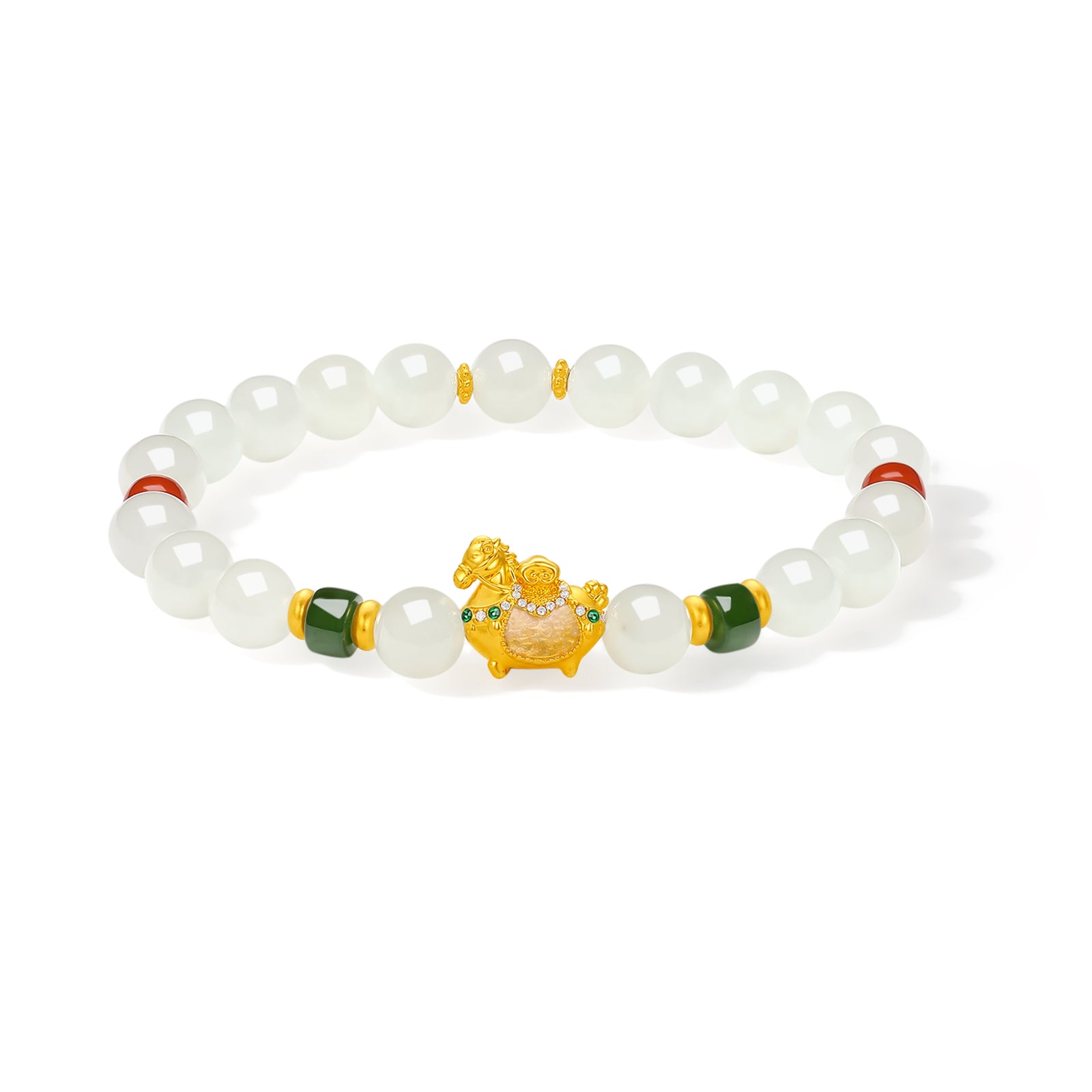 "Chinese Culture Collection - Dan Qing" 24K Gold Beaded Bracelet Hetian Jade 7.8-8.3mm Diamond 0.0026ct 5.8-6.3*2.8-3.3mm Horse 1.1-1.6g Y1937270
