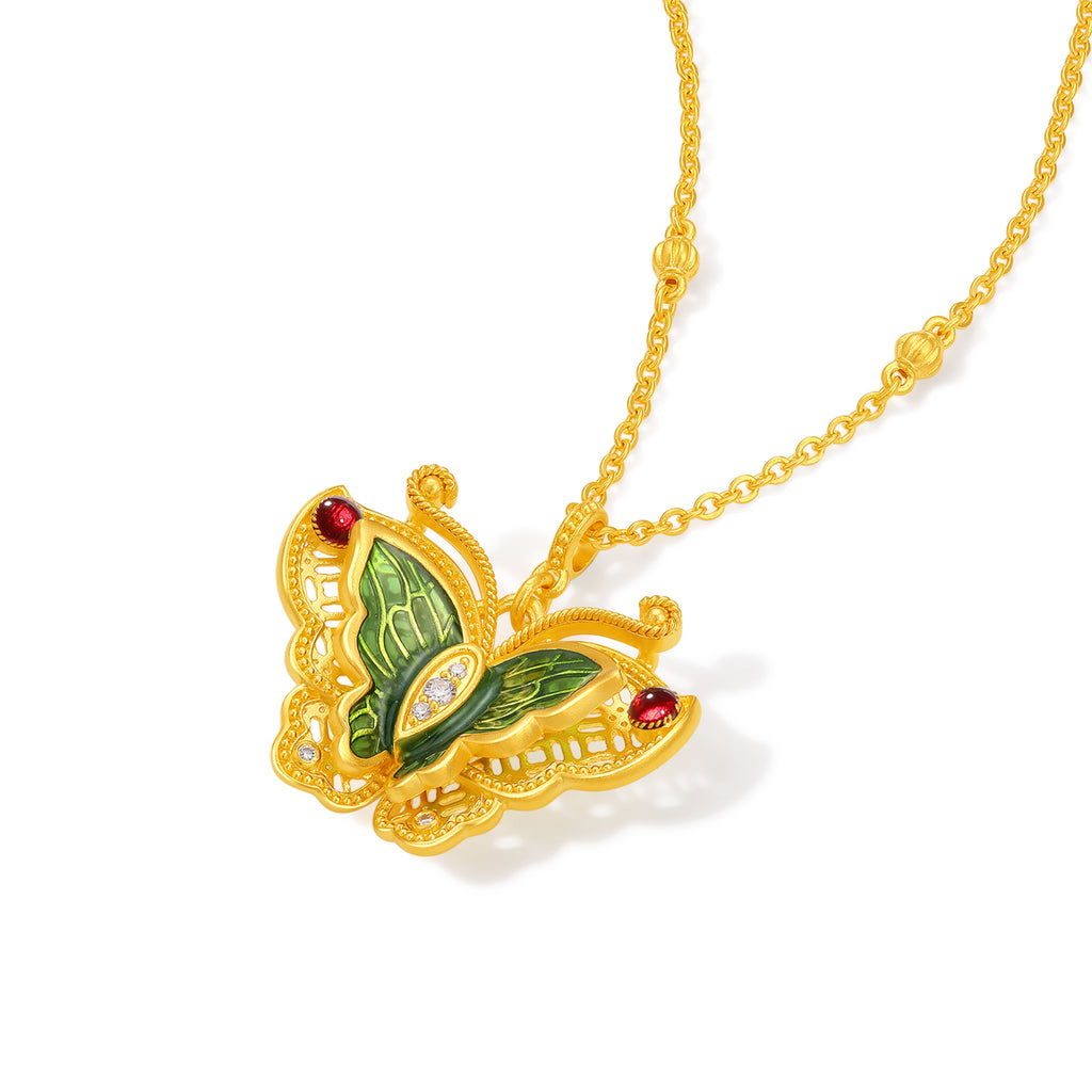 "Chinese Culture Collection - Dan Qing" 24K Gold Pendant Necklace Diamond 0.0088ct Butterfly 12.2-15.2g W0647480
