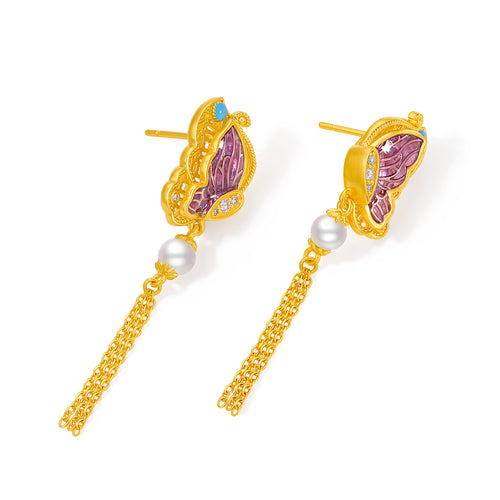 "Chinese Culture Collection - Dan Qing" 24K Gold Earrings Diamond 0.0093ct Pearl 4-4.5mm Butterfly 6.3-8.3g W0936729