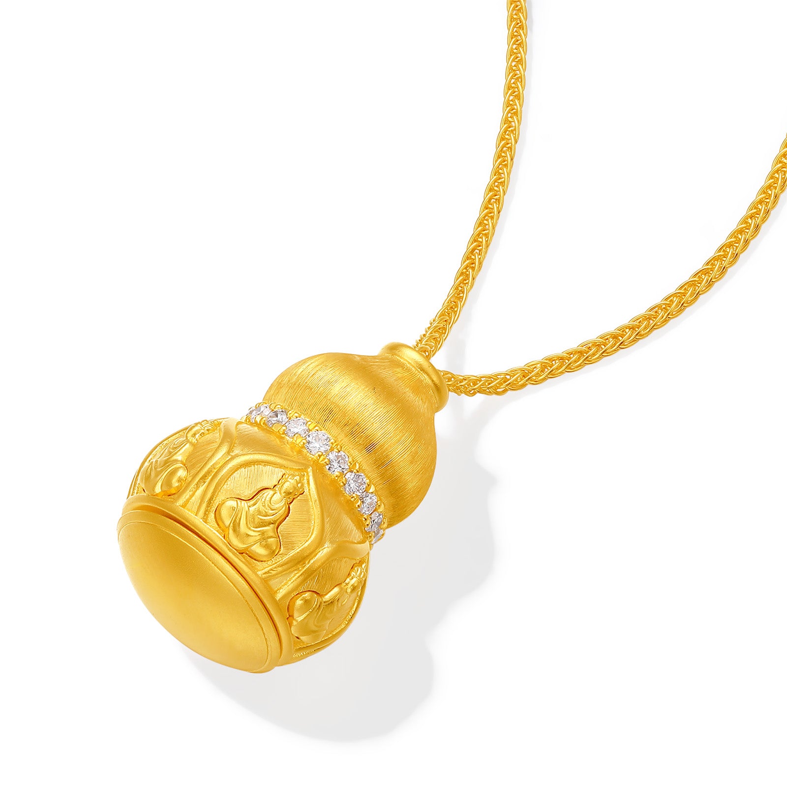 "Jiuhua Mountain" 24K Gold Snake Chain Necklace Diamond Openable Gourd Buddha Pendant Chain Size 40+5cm W0638239