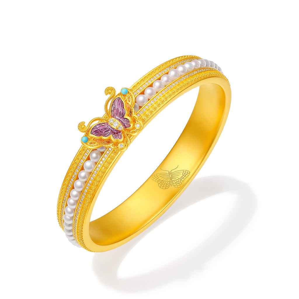 "Chinese Culture Collection - Dan Qing" 24K Gold Bangle Bracelet Diamond 0.003ct Pearl 3mm Butterfly 56-63g W1043660
