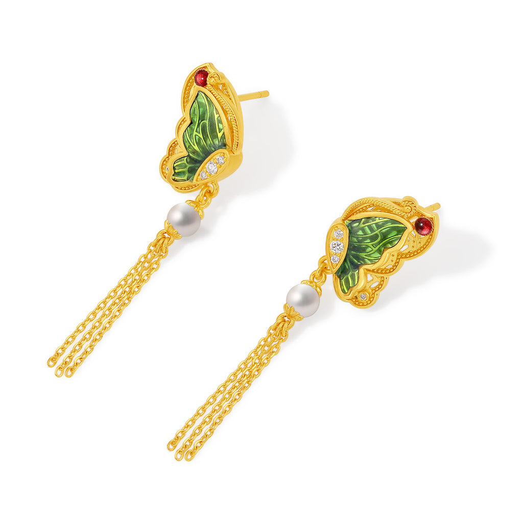 "Chinese Culture Collection - Dan Qing" 24K Gold Earrings Diamond 0.0097ct Pearl 4-4.5mm Butterfly 6.5-8.5g W0947487