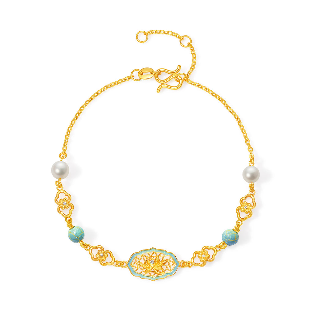 "Chinese Culture Collection - Ru Ware" 24K Gold Chain Bracelet Diamond 0.005ct 0.002ct Pearl Flower 4.36-6.36g W0750031