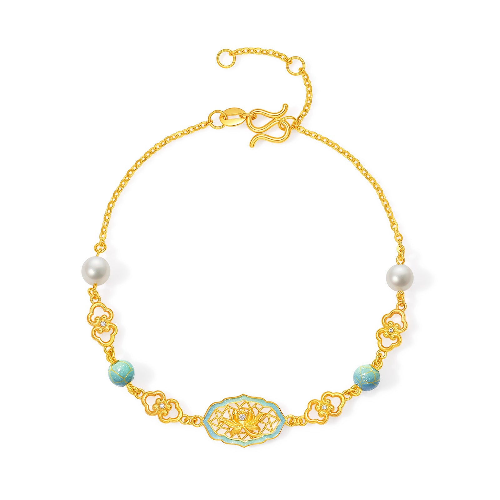 "Chinese Culture Collection - Ru Ware" 24K Gold Chain Bracelet Diamond 0.005ct 0.002ct Pearl Flower 4.36-6.36g W0750031