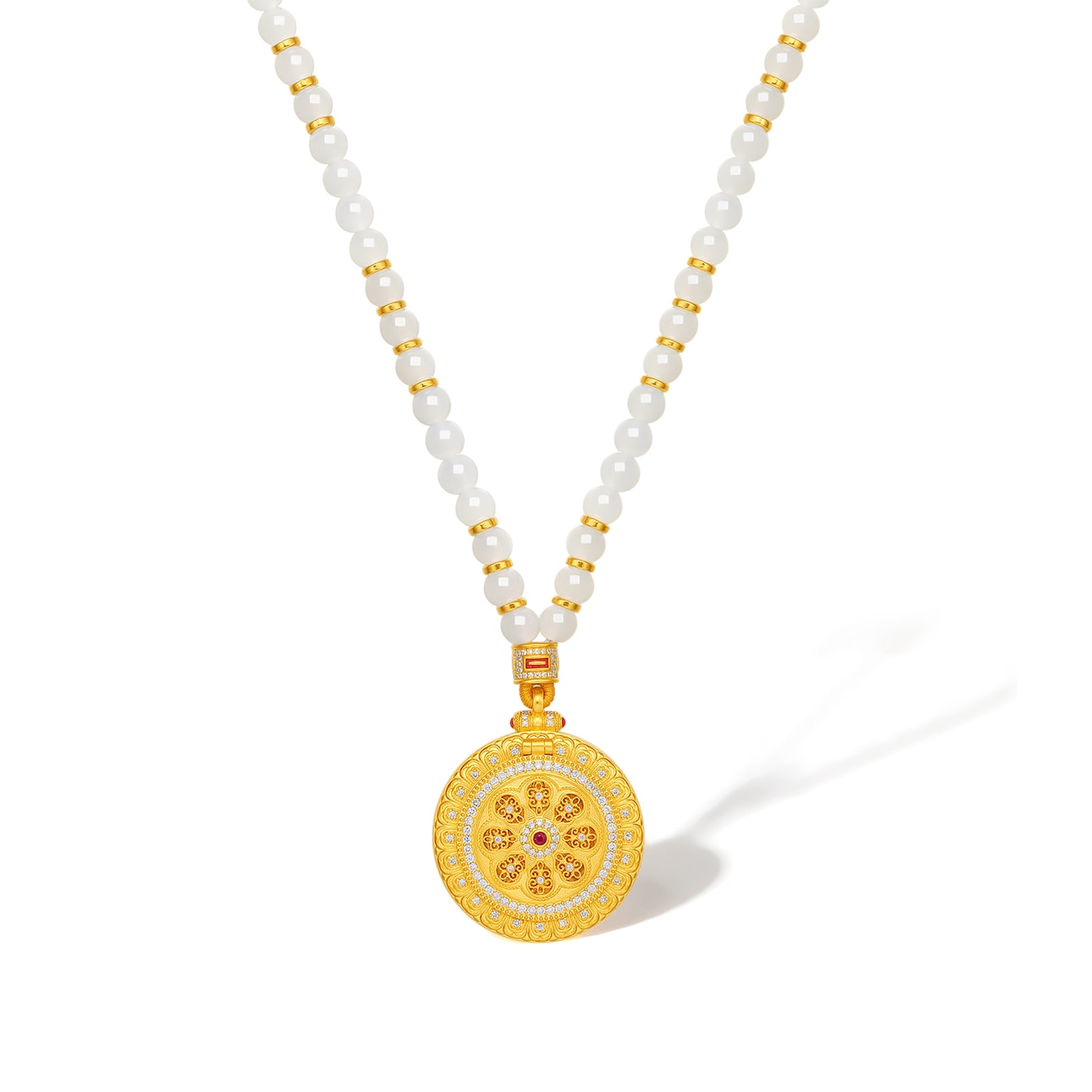 "Chinese Culture Collection - Dan Qing" 24K Gold Pendant Necklace Braided Rope Hetian Jade 5-5.5mm Diamond 0.0036ct Ruby 0.003ct 32.3-37.3g Y0636325