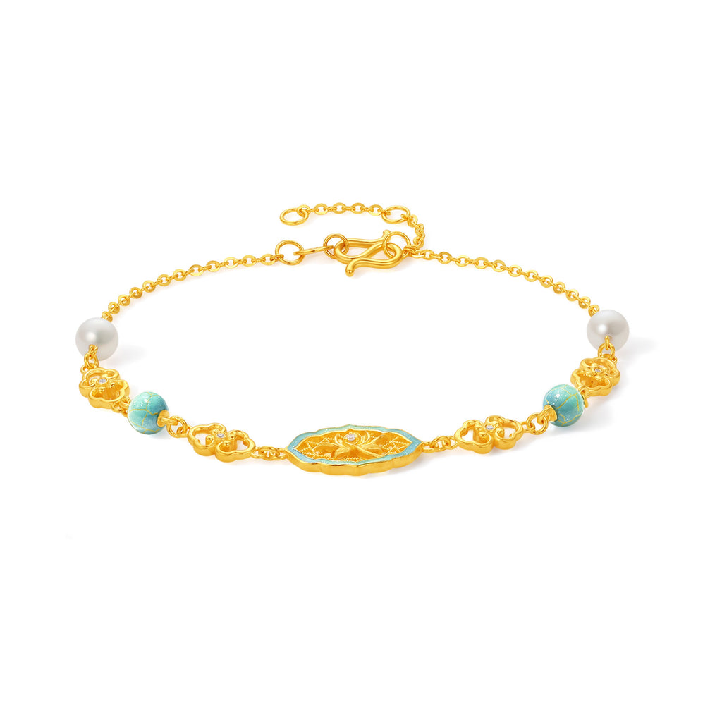 "Chinese Culture Collection - Ru Ware" 24K Gold Chain Bracelet Diamond 0.005ct 0.002ct Pearl Flower 4.36-6.36g W0750031
