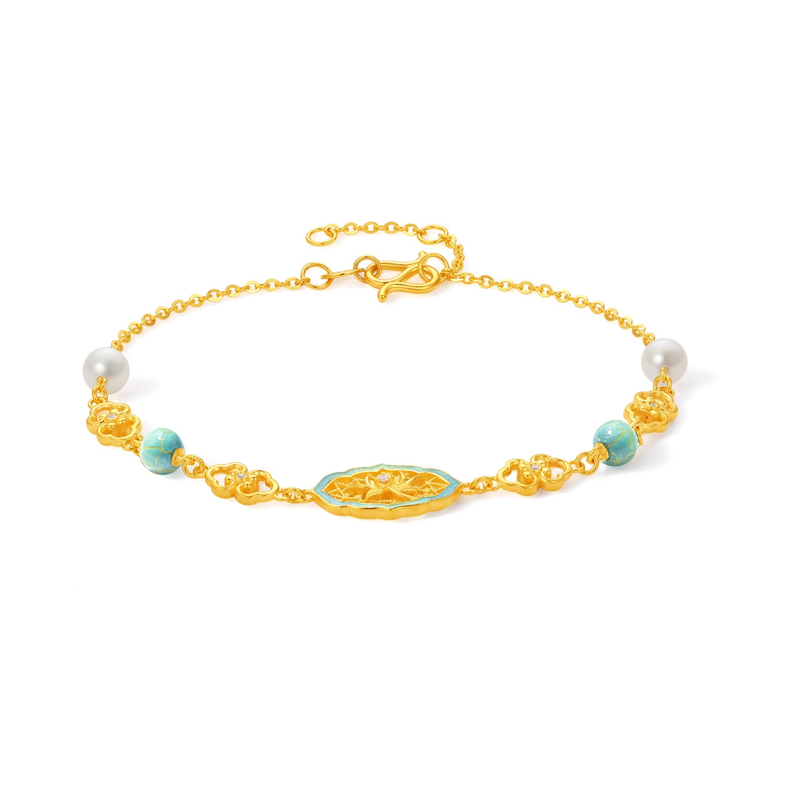 "Chinese Culture Collection - Ru Ware" 24K Gold Chain Bracelet Diamond 0.005ct 0.002ct Pearl Flower 4.36-6.36g W0750031