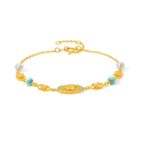 "Chinese Culture Collection - Ru Ware" 24K Gold Chain Bracelet Diamond 0.005ct 0.002ct Pearl Flower 4.36-6.36g W0750031