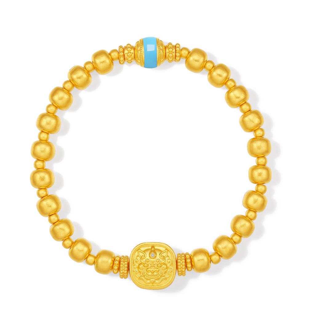 "Jiuhua Mountain" 24K Gold Beaded Bracelet Diamond Enamel Square Charm W1945663