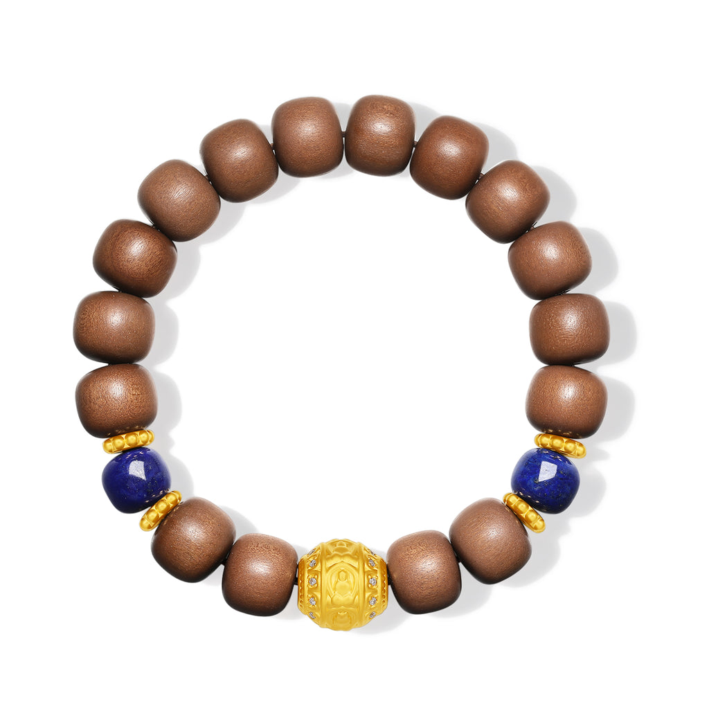 "Jiuhua Mountain" 24K Gold Beaded Bracelet Wood Lapis Lazuli Buddha Sculpture 8.5*7.5mm 18cm J1935607