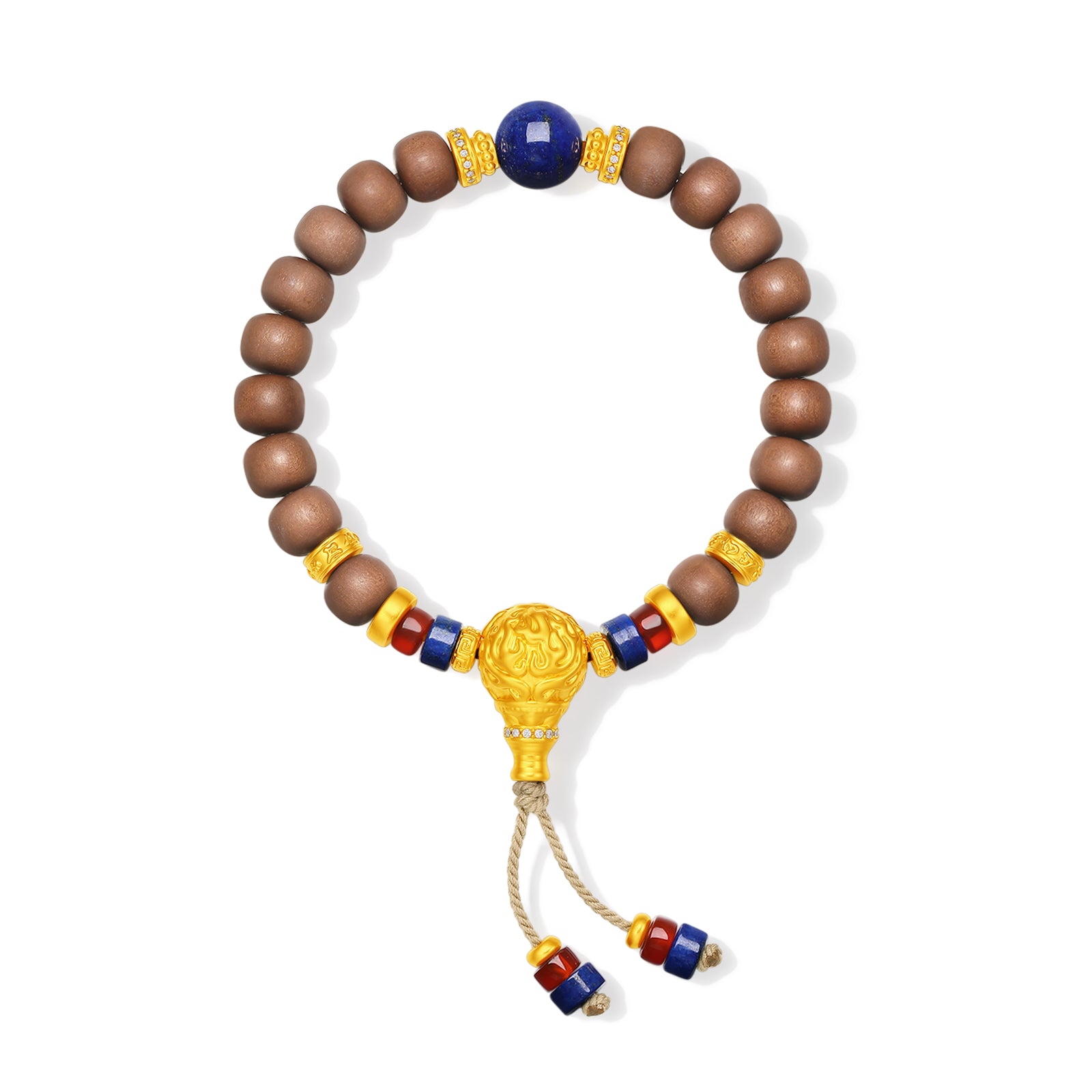 "Jiuhua Mountain" 24K Gold String Bracelet Wood Lapis Lazuli Buddha Tassel 10-10.5mm 18cm A1935608