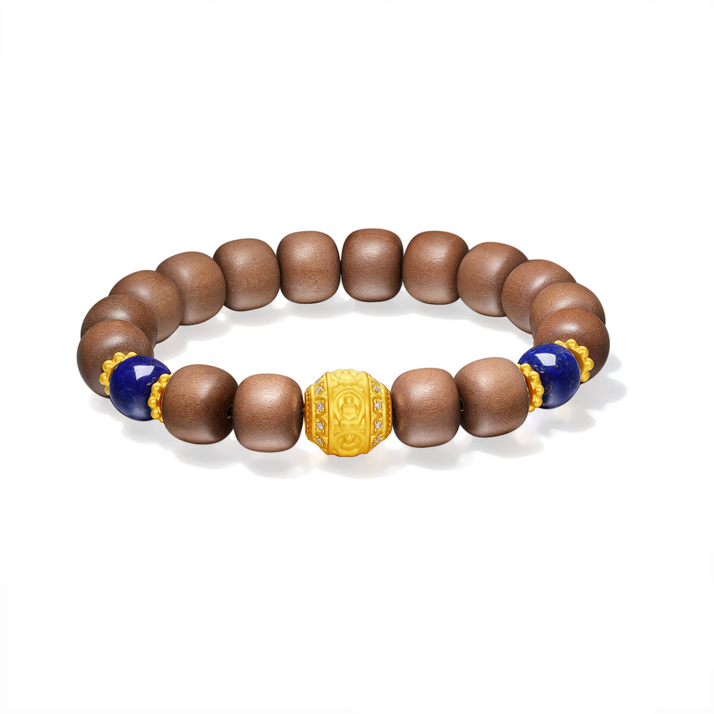 "Jiuhua Mountain" 24K Gold Beaded Bracelet Wood Lapis Lazuli Buddha Sculpture 8.5*7.5mm 18cm J1935607