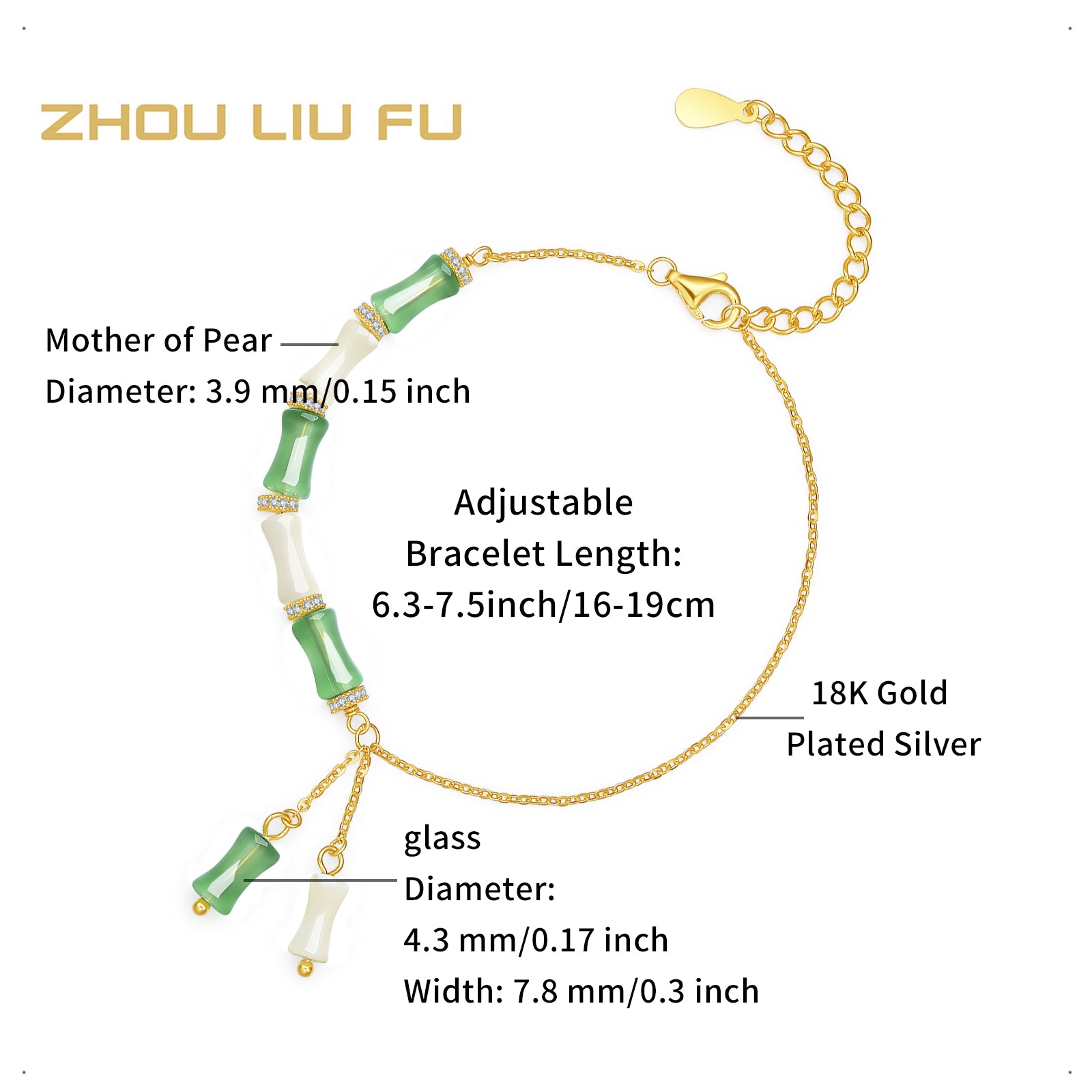 S925 Sterling Silver Chain Bracelet Shell Cubic Zirconia Bamboo 1-2.2g 16-19cm J0713986