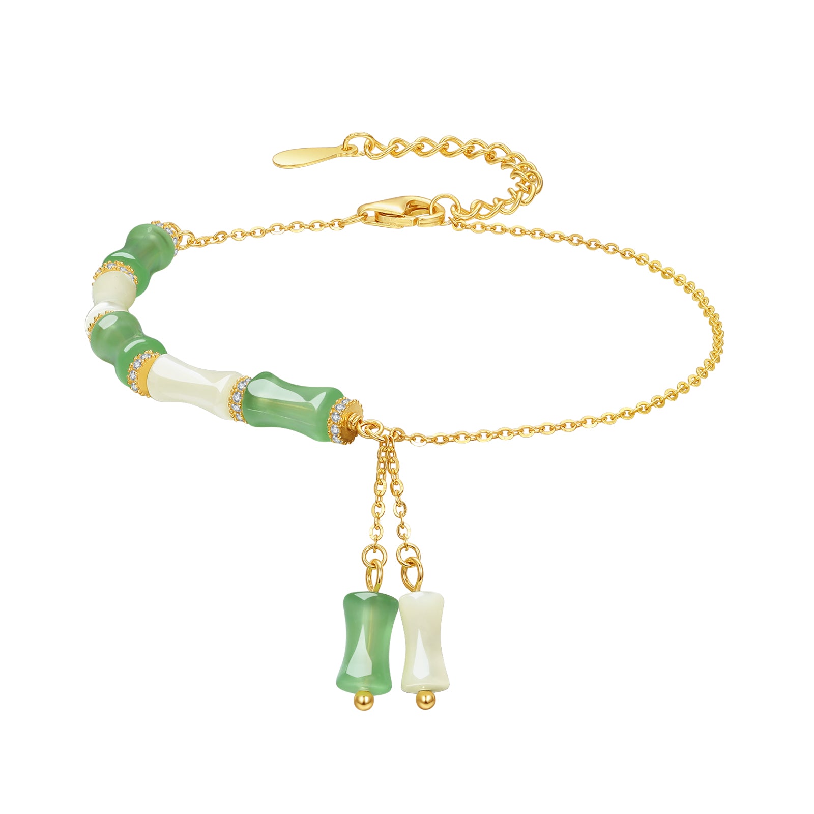 S925 Sterling Silver Chain Bracelet Shell Cubic Zirconia Bamboo 1-2.2g 16-19cm J0713986