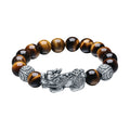 ZHOU LIU FU 925 Sterling Silver Pixiu Charm Bracelet Tiger's Eye Beaded Stretch Bracelet Feng Shui Jewelry Gift for Men 7.9"