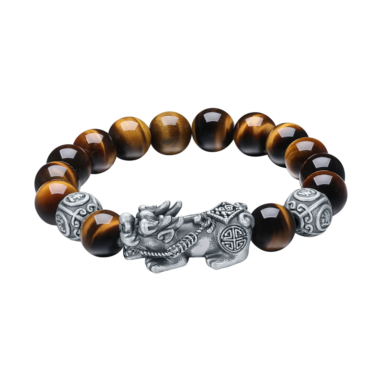 ZHOU LIU FU 925 Sterling Silver Pixiu Charm Bracelet Tiger's Eye Beaded Stretch Bracelet Feng Shui Jewelry Gift for Men 7.9"