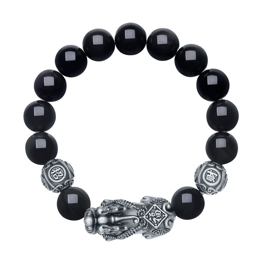 S925 Sterling Silver Beaded Bracelet Obsidian Pixiu 3.8-4.8g 18cm/20cm J1914054