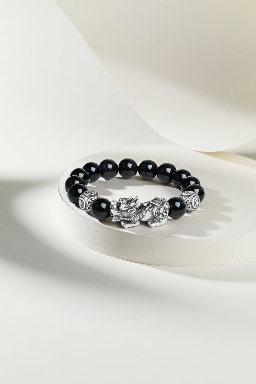 ZHOU LIU FU S925 Sterling Silver Bracelet Pixiu Obsidian Crystal Stretch Beaded Bracelets Feng Shui Auspicious Jewelry Gift for Men Father Boyfriend 7.9"
