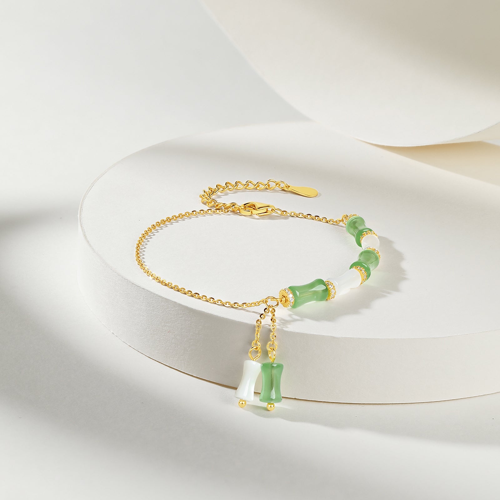 S925 Sterling Silver Chain Bracelet Shell Cubic Zirconia Bamboo 1-2.2g 16-19cm J0713986