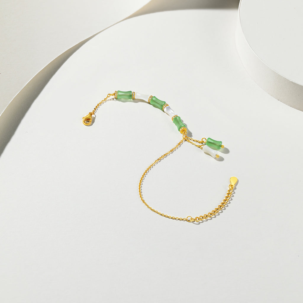 S925 Sterling Silver Chain Bracelet Shell Cubic Zirconia Bamboo 1-2.2g 16-19cm J0713986