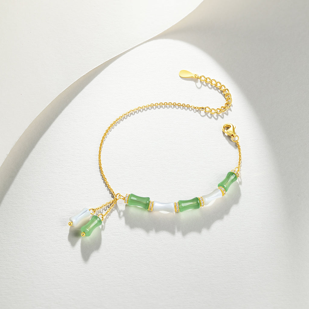 S925 Sterling Silver Chain Bracelet Shell Cubic Zirconia Bamboo 1-2.2g 16-19cm J0713986