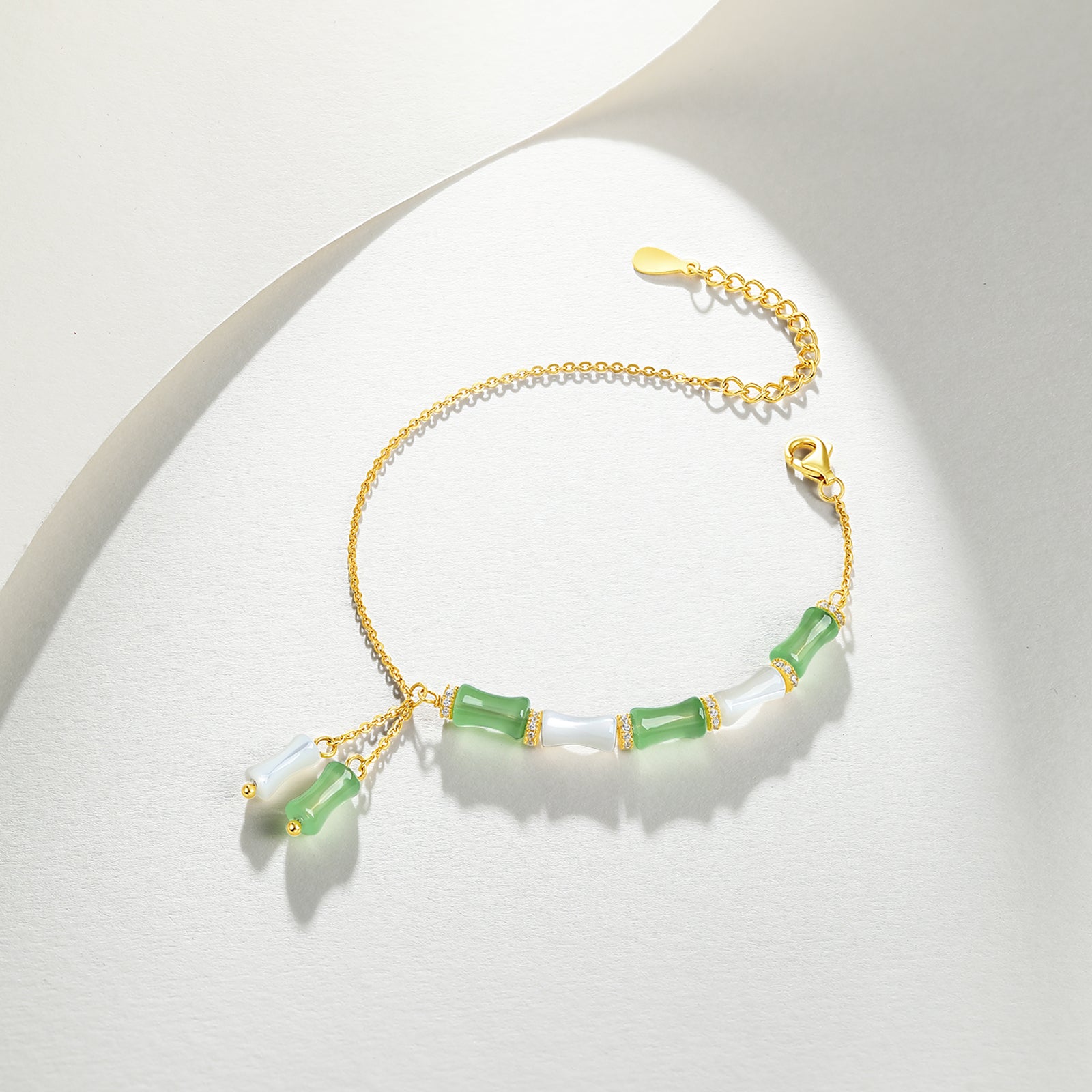 S925 Sterling Silver Chain Bracelet Shell Cubic Zirconia Bamboo 1-2.2g 16-19cm J0713986