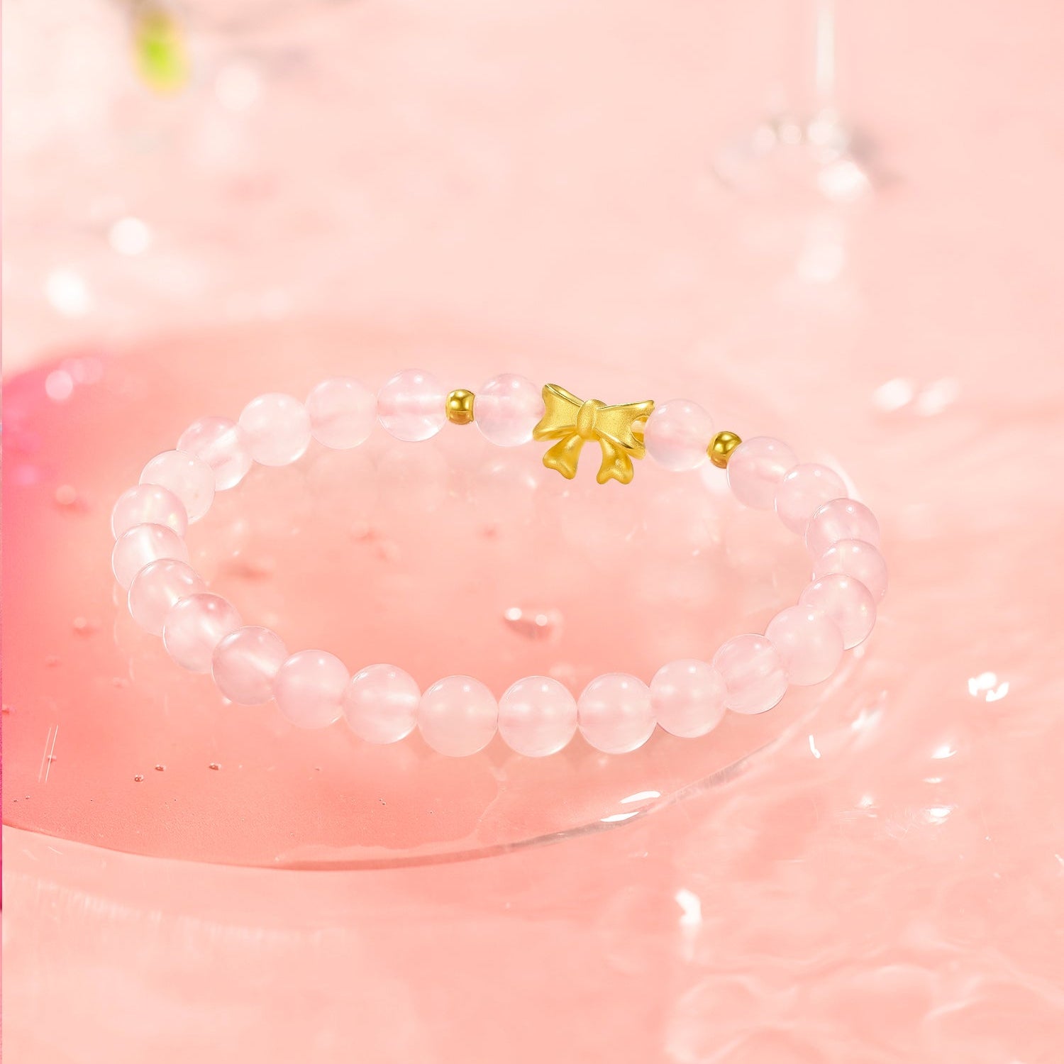 24K Gold Beaded Bracelet Rose Quartz 0.45-0.65g Bow A1911408