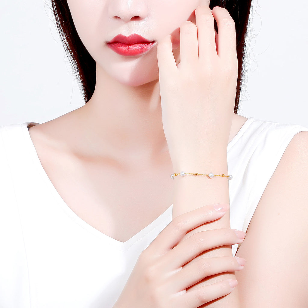 18K Yellow Gold Chain Bracelet Pearl 4.5-5mm 0.4-0.7g KHPB075286