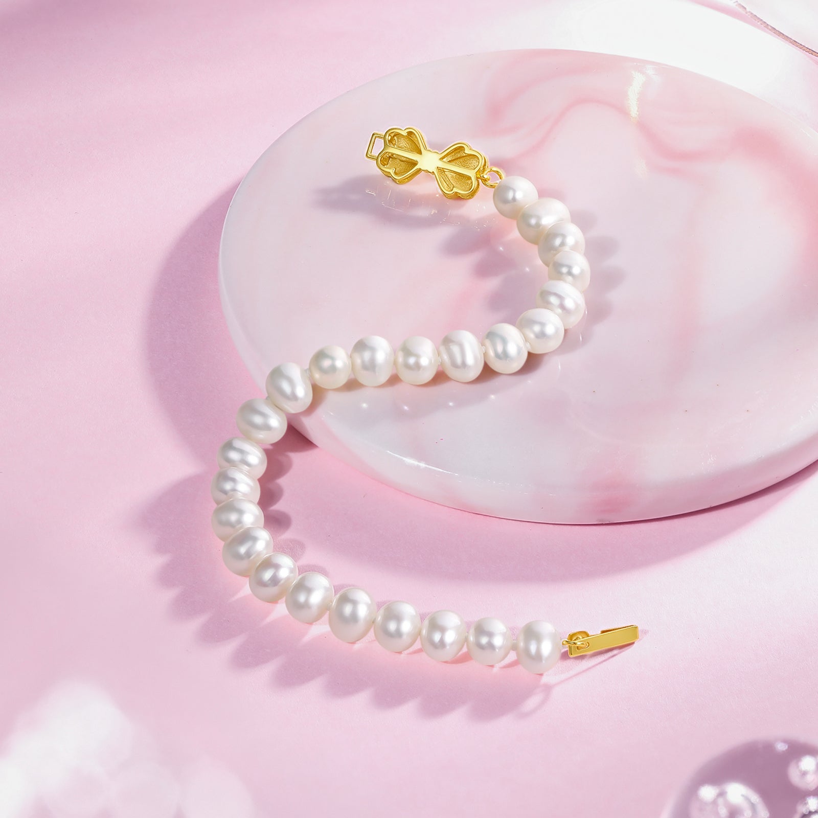 S925 Sterling Silver Chain Bracelet Pearl Bow 1.2-1.8g 17cm X0712946