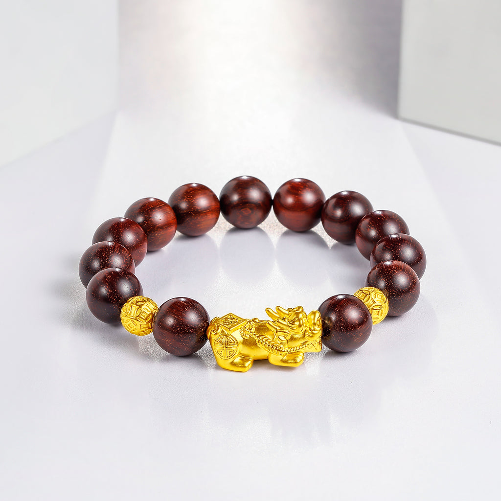 24K Gold Beaded Bracelet Sandalwood Pixiu 2.7-3.1g ADXY193480