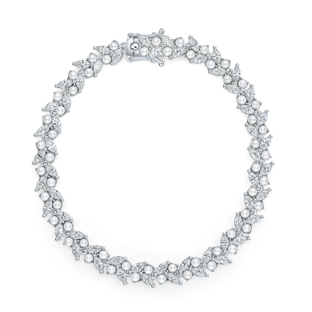 ZHOU LIU FU 925 Sterling Silver Marquise Cubic Zirconia Tennis Bridal Bracelet Simulated Pearl Wedding Jewelry for Women J0713594