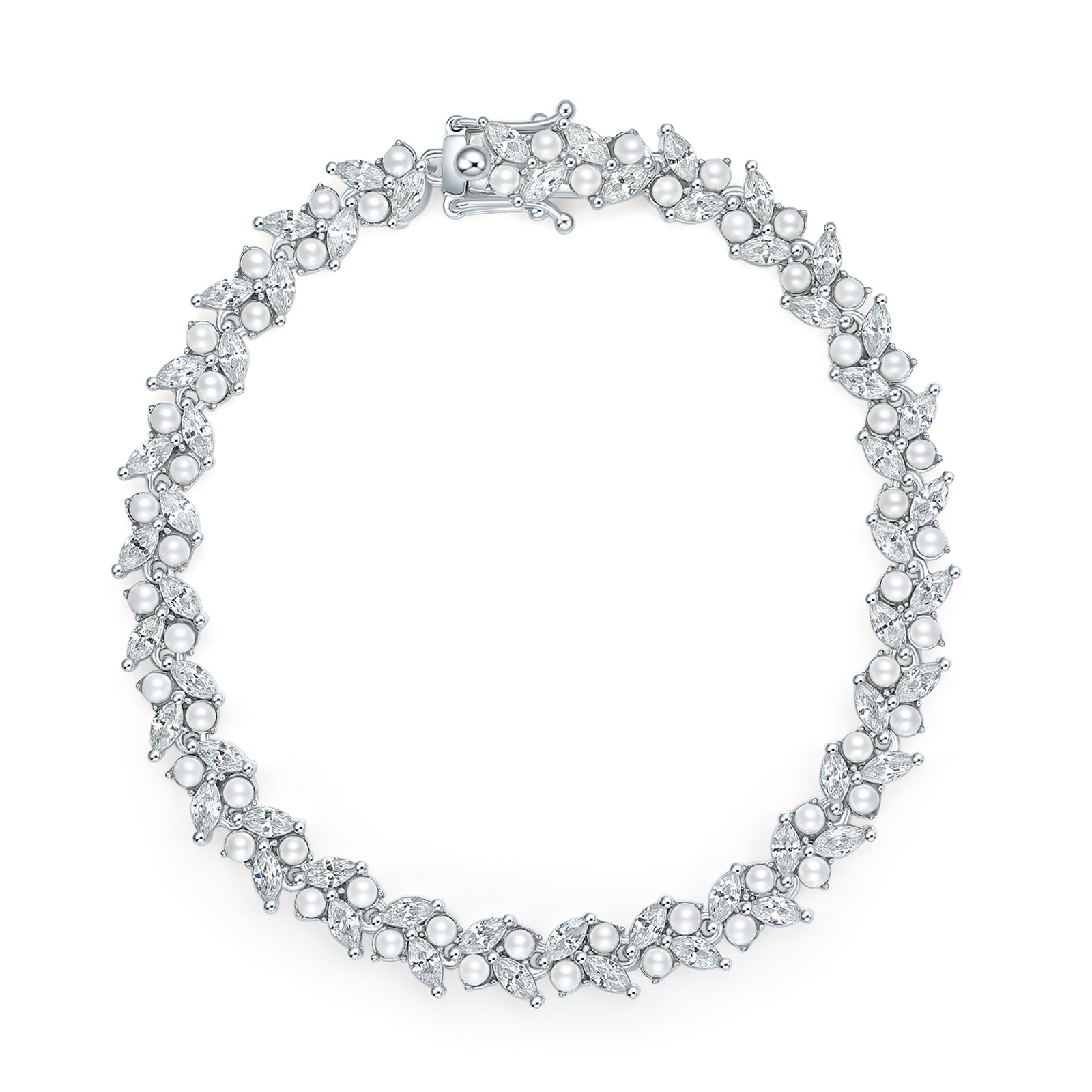 ZHOU LIU FU 925 Sterling Silver Marquise Cubic Zirconia Tennis Bridal Bracelet Simulated Pearl Wedding Jewelry for Women J0713594