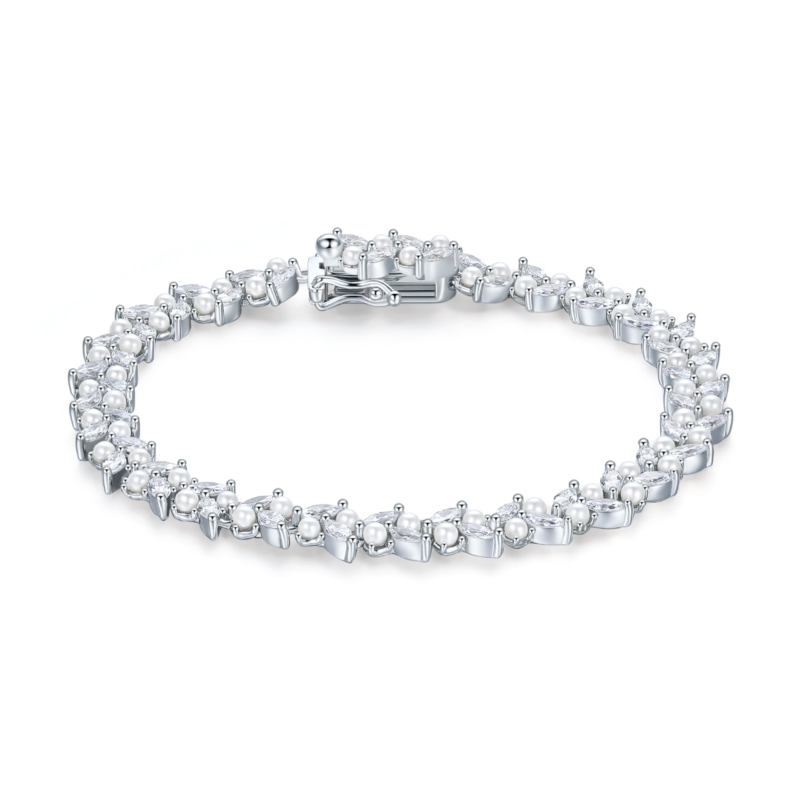 ZHOU LIU FU 925 Sterling Silver Marquise Cubic Zirconia Tennis Bridal Bracelet Simulated Pearl Wedding Jewelry for Women J0713594