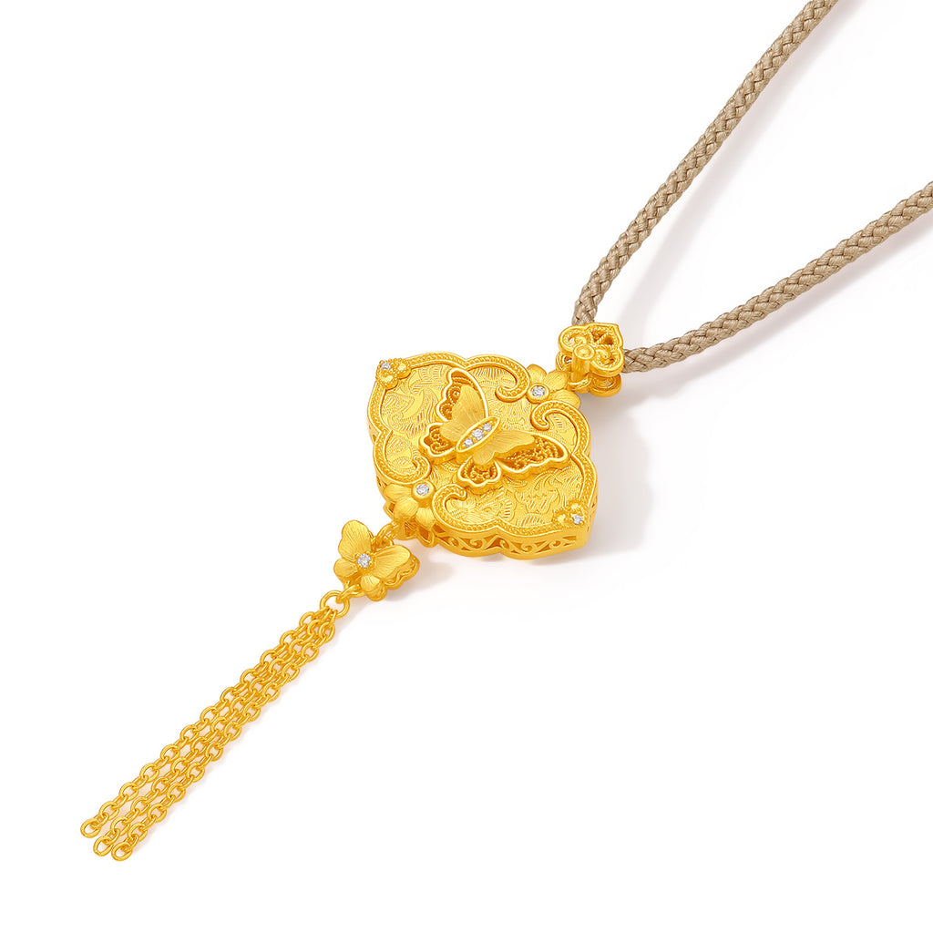 "Chinese Culture Collection - Song Brocade" 24K Gold Pendant Necklace Diamond Butterfly 10.59-13.09g W0423963
