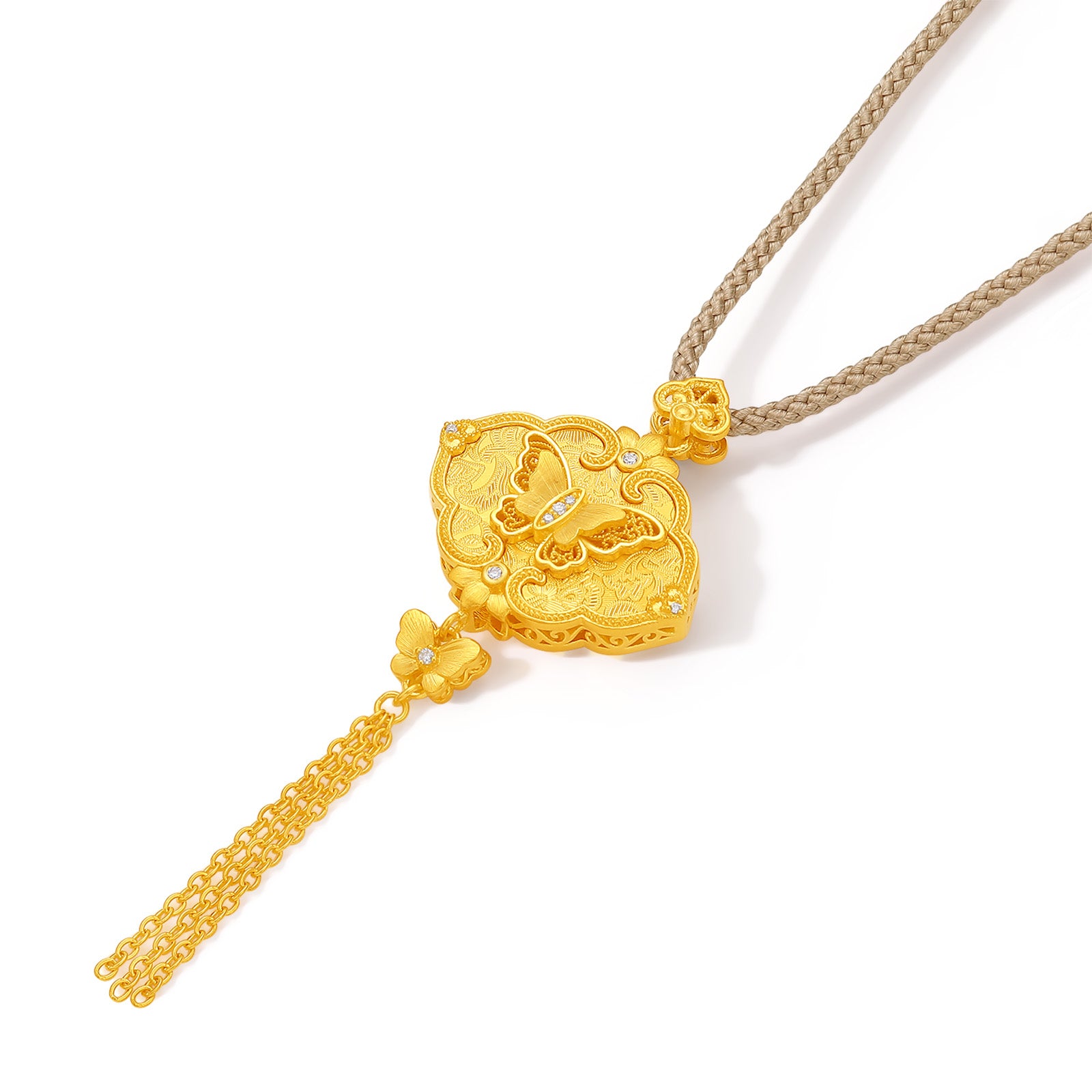 "Chinese Culture Collection - Song Brocade" 24K Gold Pendant Necklace Diamond Butterfly 10.59-13.09g W0423963