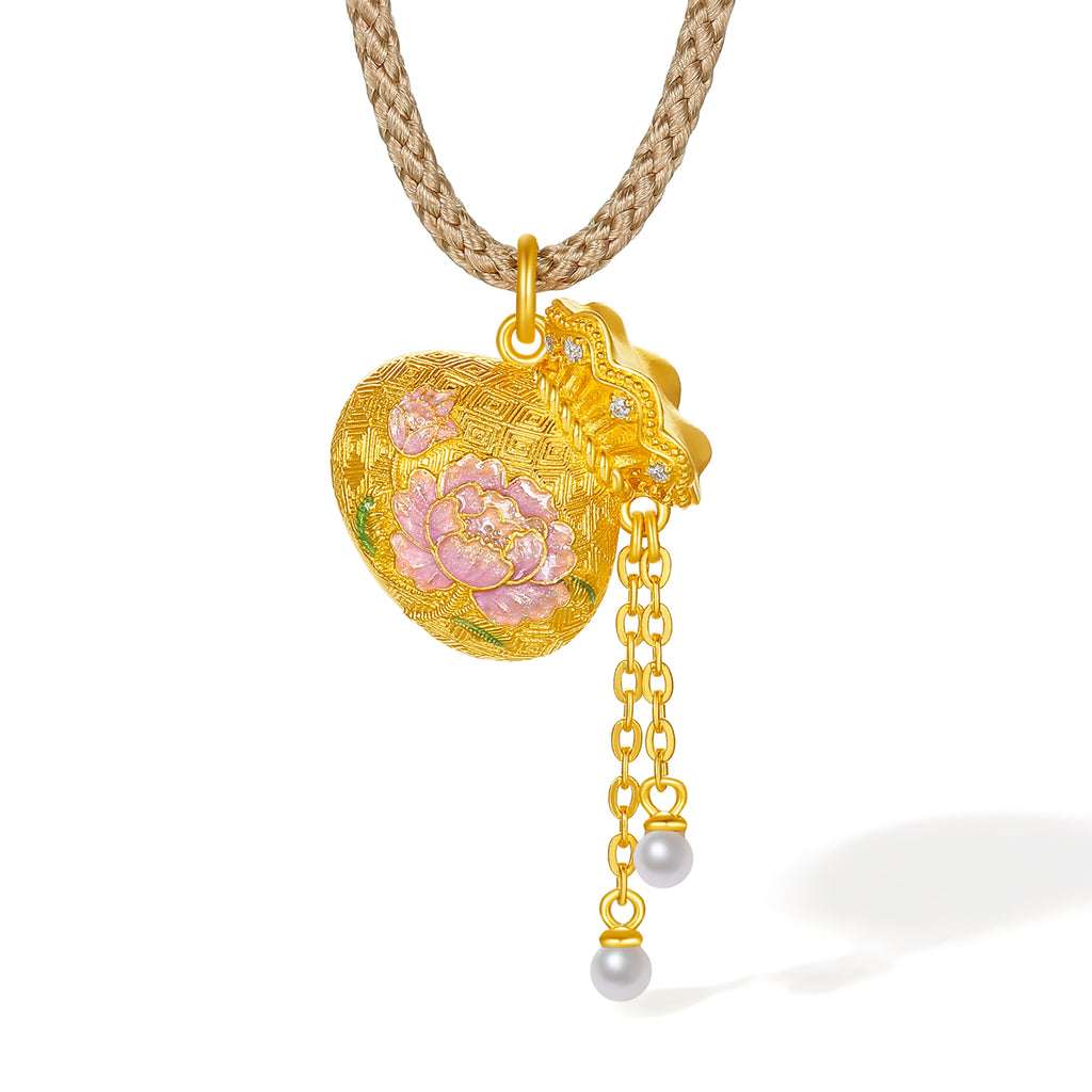 "Chinese Culture Collection - Song Brocade" 24K Gold Pendant Necklace Diamond  2.5-3mm Pearl         Fortune Bag 5.45-7.85g W0423108
