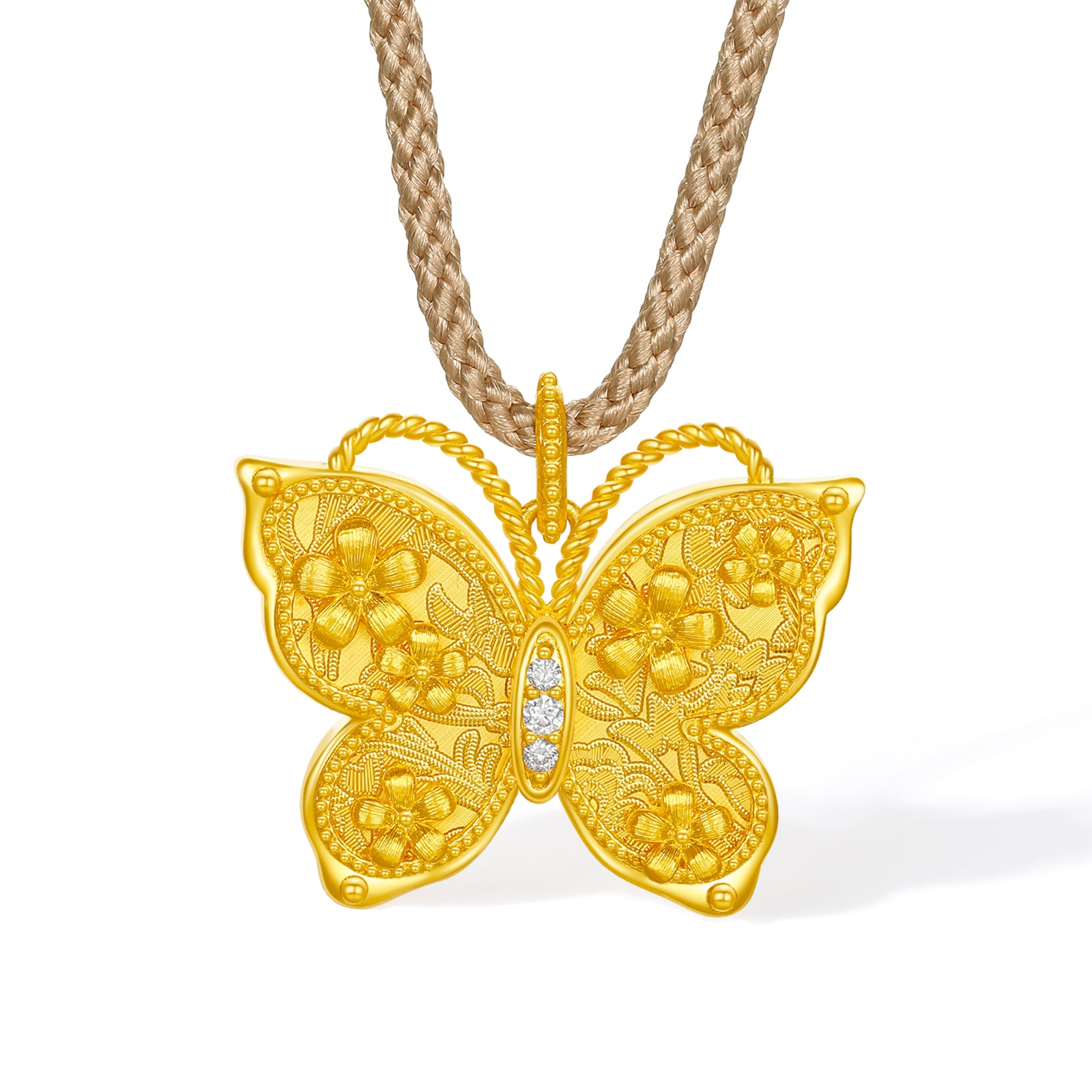 "Chinese Culture Collection - Song Brocade" 24K Gold Pendant Necklace Diamond Butterfly 6.6-8.6g W0423109