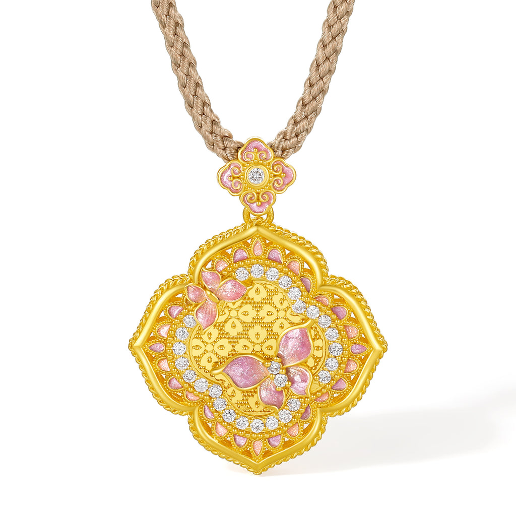 "Chinese Culture Collection - Song Brocade" 24K Gold Pendant Necklace Diamond Crabapple 8.4-10.4g W0423112