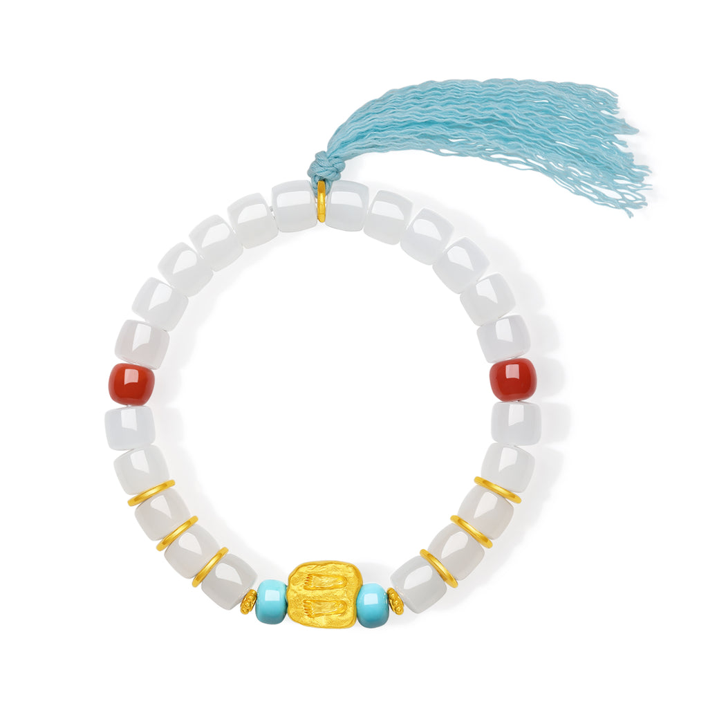 "Jiuhua Mountain" 24K Gold Beaded Bracelet Heitian Jade Turquoise Agate Ksitigarbha's Implements Y1915278