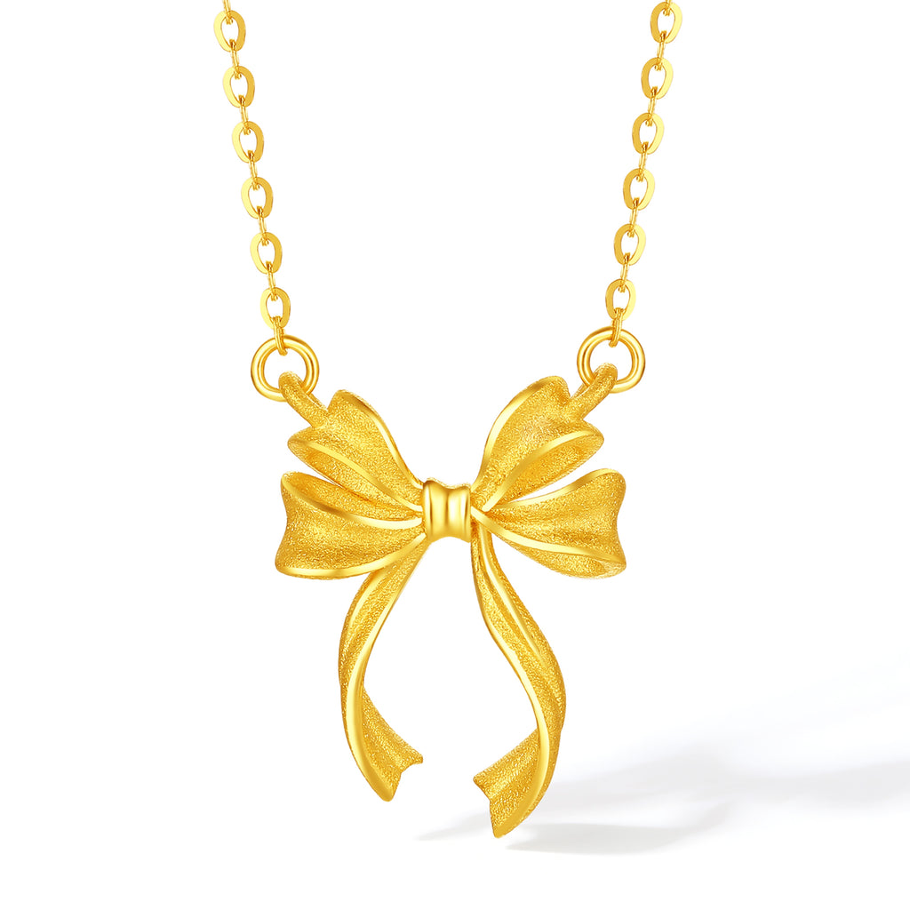 999 24K Gold Pendant Necklace Bow 3.8-4.1g A0614026