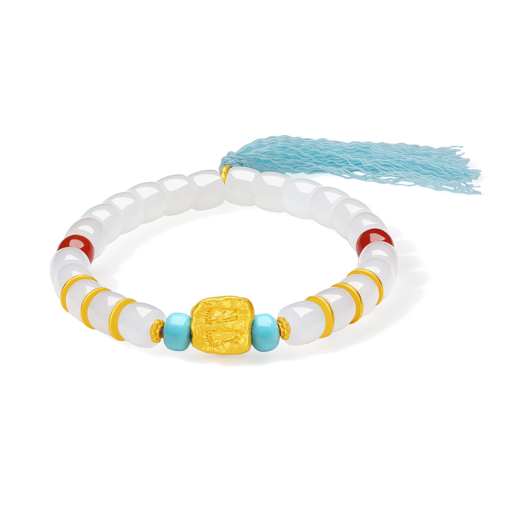 "Jiuhua Mountain" 24K Gold Beaded Bracelet Heitian Jade Turquoise Agate Ksitigarbha's Implements Y1915278